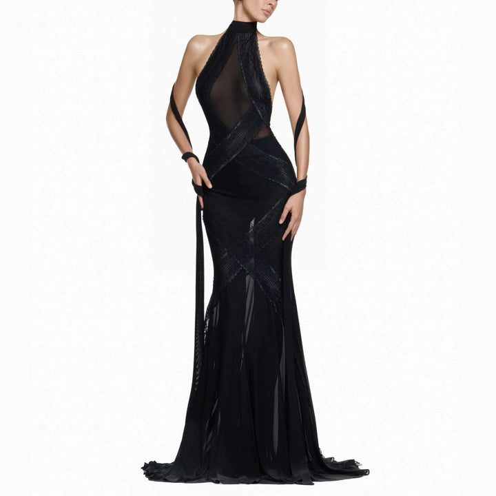 Damen Glamouröses Langarmkleid mit transparenten Einsätzen und raffinierten Drapierungen Echo Archiv