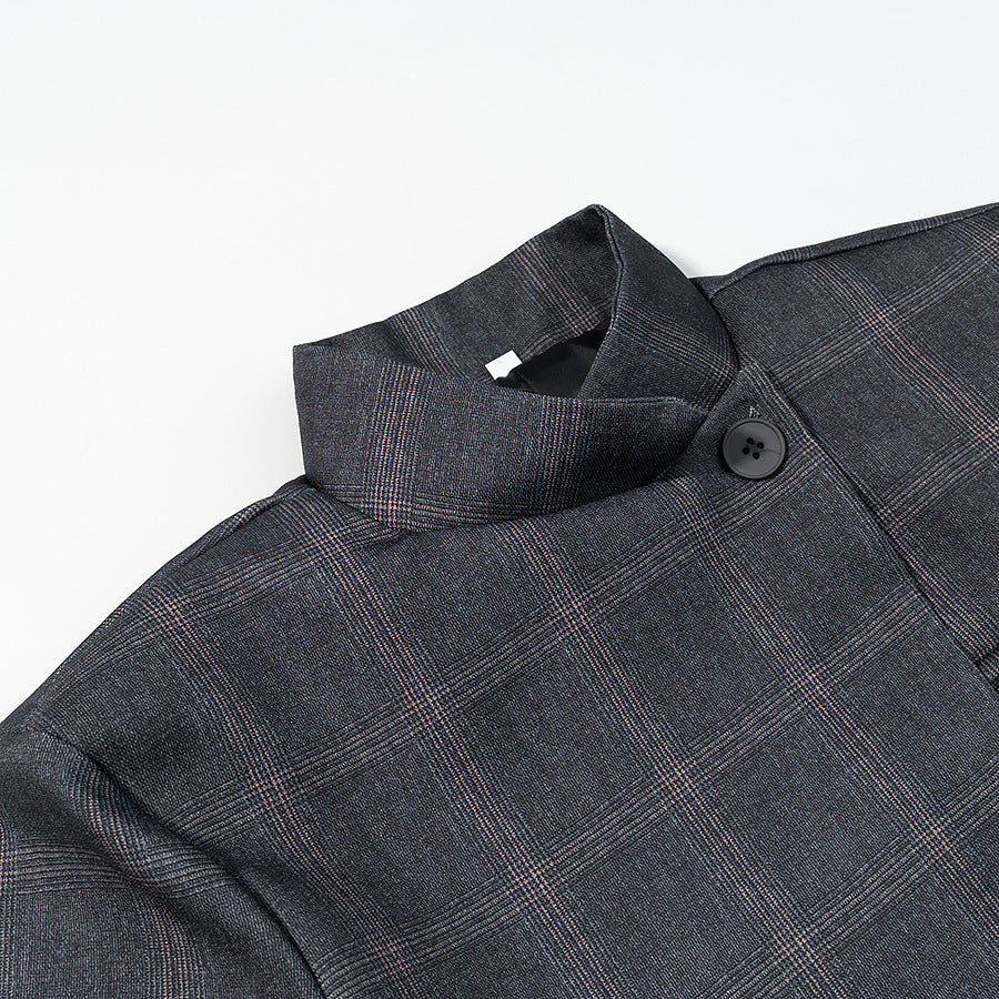 Herren Karierter Stehkragen-Blazer mit asymmetrischer Knopfleiste und Pattentaschen Echo Archiv