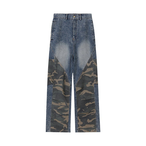 Damen Weite High‑Waist Denim‑Cargohose mit Camouflage‑Einsätzen Echoarchiv