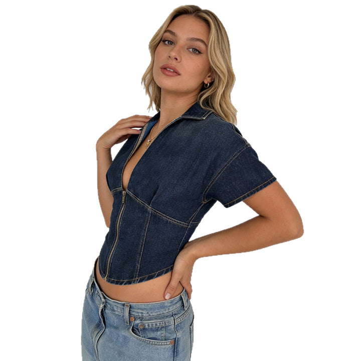 Damen modisches Jeanshemd mit kurzen Ärmeln und Frontreißverschluss Echo Archiv