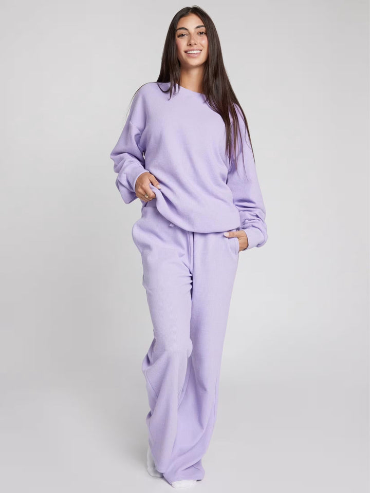 Damen Waffelstrick-Loungewear-Set mit Oversized-Sweater und Kordel-Jogginghose – Avérine