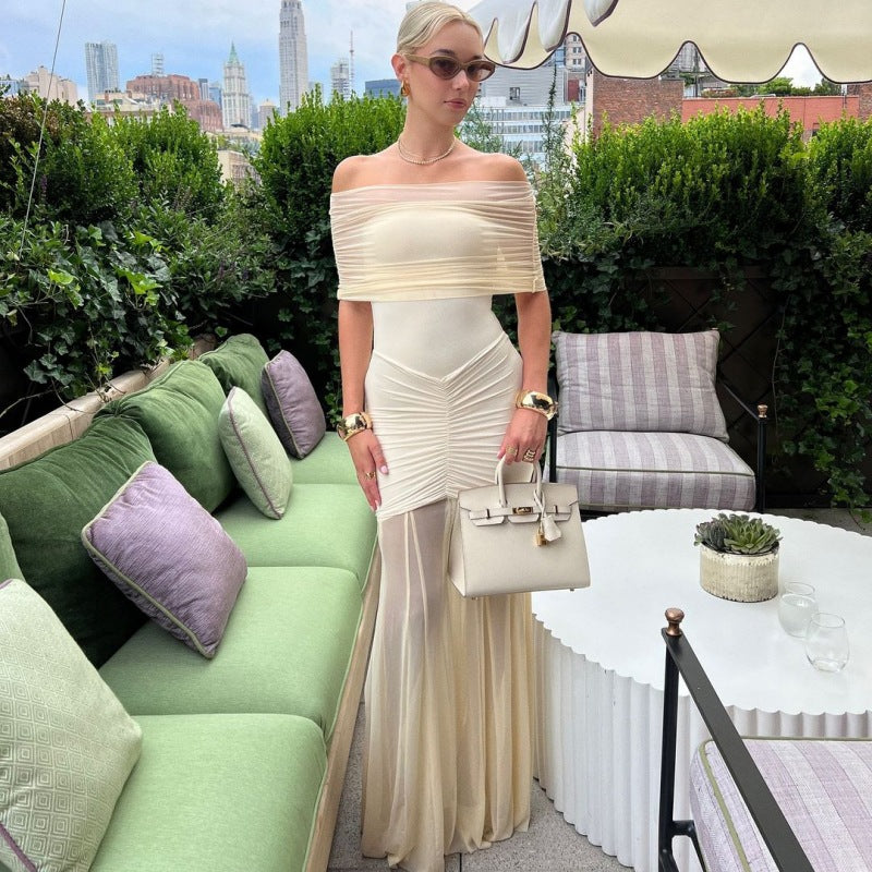 Damen Elegantes Maxi-Kleid mit schulterfreiem Design und Raffungen Echo Archiv