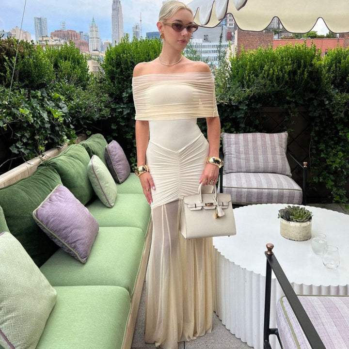 Damen Elegantes Maxi-Kleid mit schulterfreiem Design und Raffungen Echo Archiv