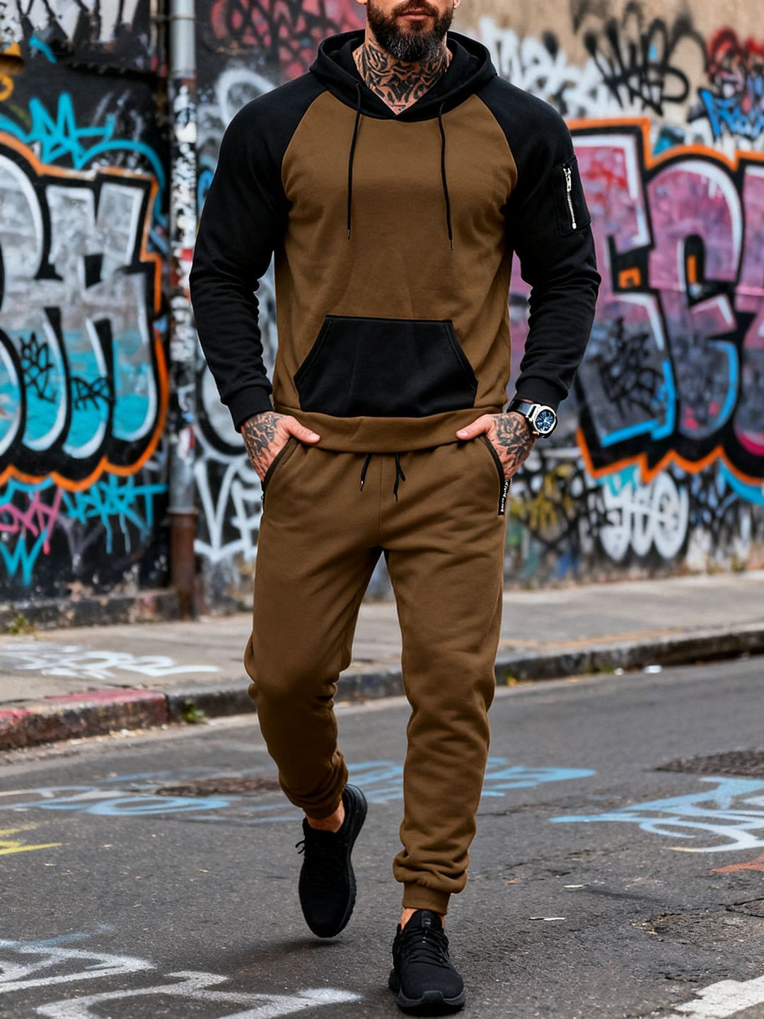 Herren nan zweiteiliges Kapuzen-Sweatset mit Raglanärmeln, Ärmel-Zip-Tasche und tapered Jogginghose Echo Archiv