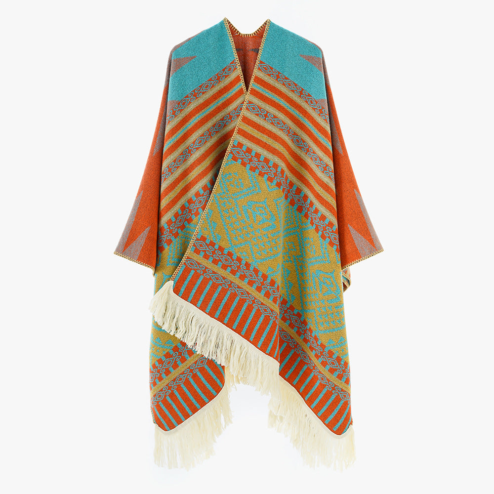 Damen Gewebter Jacquard-Poncho mit V-Ausschnitt, Ethno‑Print und Fransen – Avérine