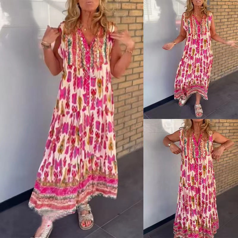 Damen nan fließendes Maxikleid im Boho-Stil mit V-Ausschnitt, Stufenrock und bestickter Passe Echo Archiv