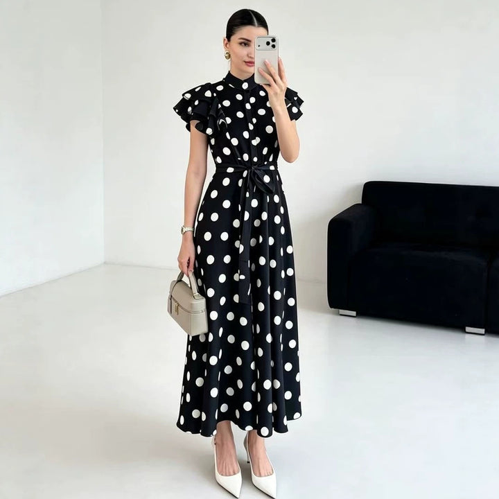 Damen Gepunktetes Maxikleid mit Stehkragen, Volantärmeln und Bindegürtel – Valéora