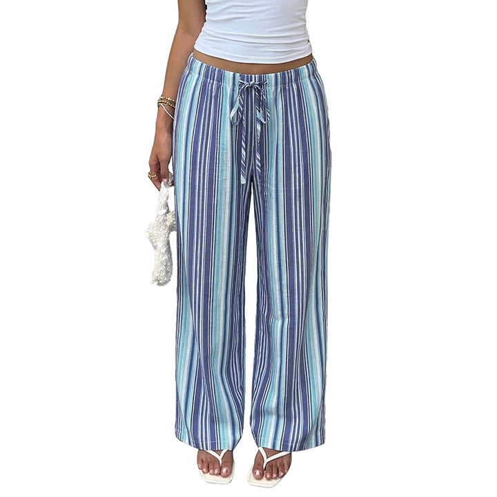 Damen leichte gestreifte Leinen-Blend Loungehose mit weitem Bein und Kordelzug Echoarchiv