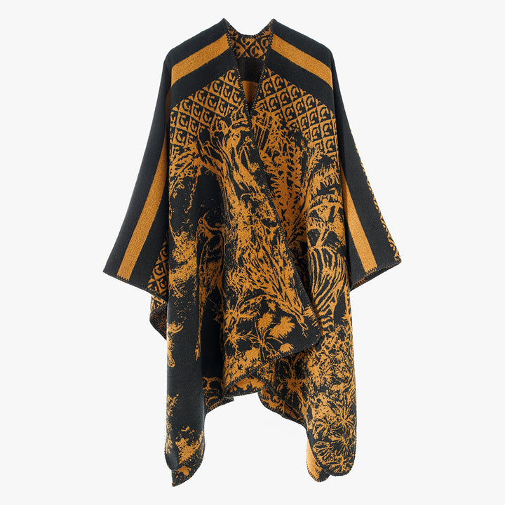 Damen Jacquard-Strickcape mit Stehkragen und grafischem Waldmotiv – Avérine