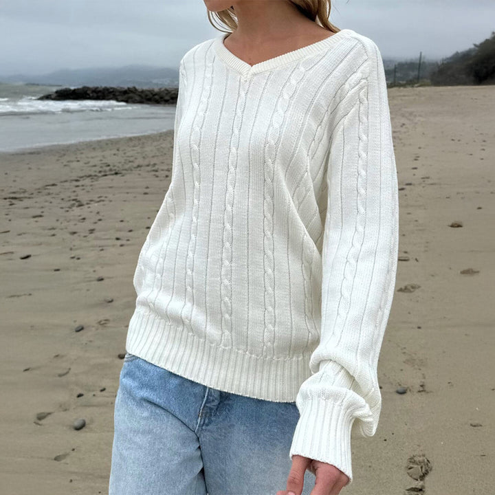 Damen feiner Strukturstrick-Pullover mit V‑Neck, Zopfmuster und geripptem Saum – Mavelle