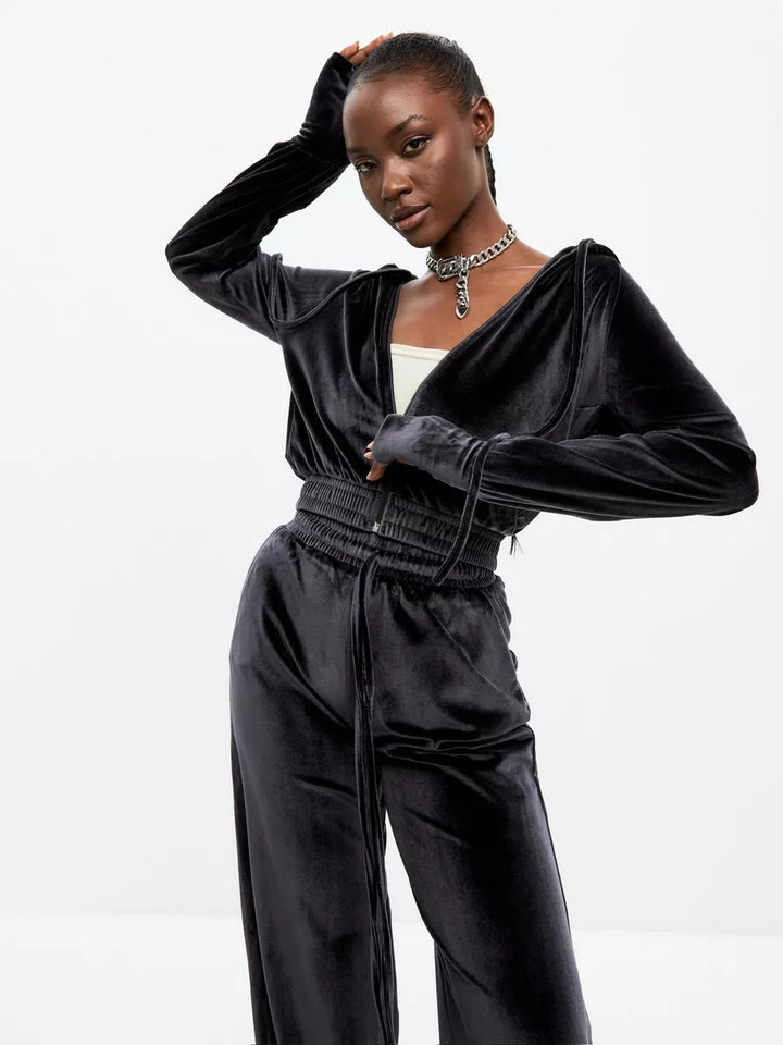 Damen samtiges Cropped-Kapuzen-Sweatset mit taillenhoher Jogginghose – Auréline