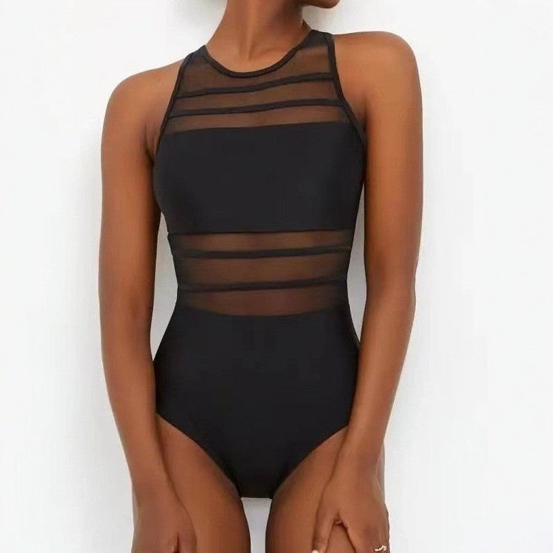 Damen Sportlicher Hochgeschnittener Einteiler mit Transparentdetails – Avérine