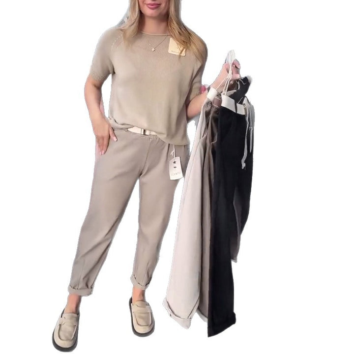 Damen nan lässige Baumwoll-Chino mit elastischem Komfortbund, Umschlag und Ziergürtel Echo Archiv