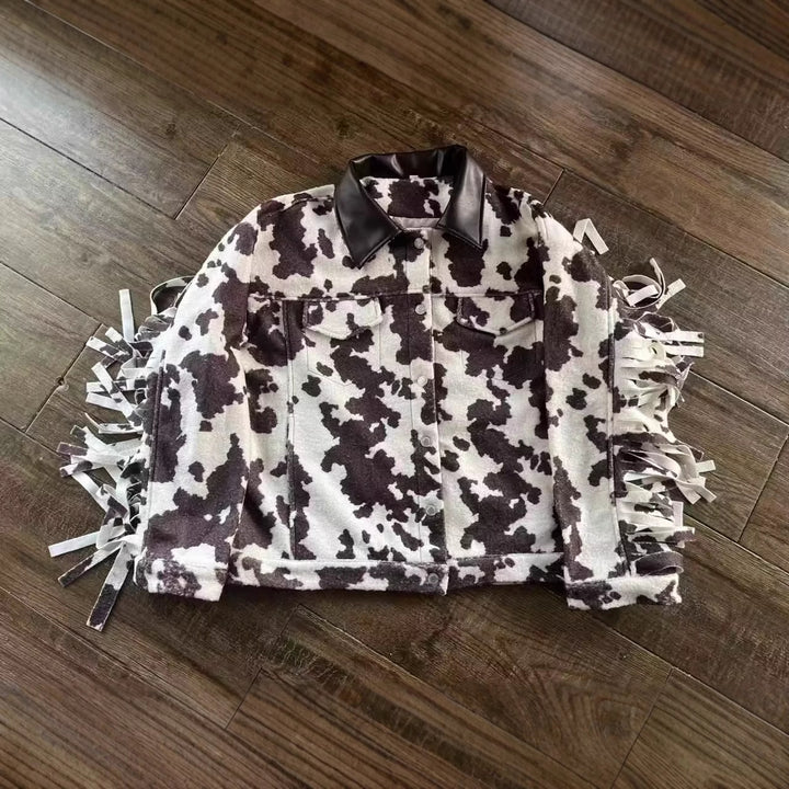 Damen Teddy-Truckerjacke mit Kuhfleckenmuster und Kunstlederkragen Echo Archiv