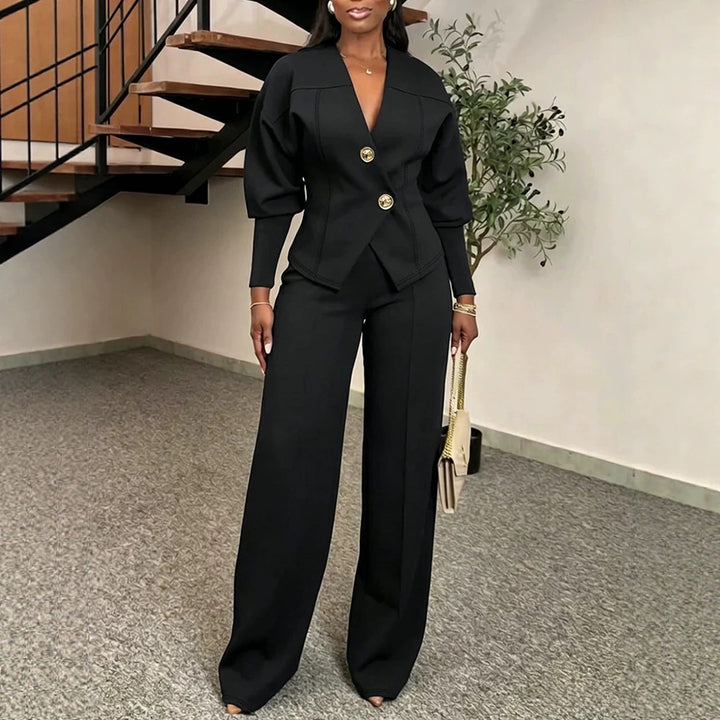 Damen Zweiteiliges tailliertes Blazer‑Hosen‑Set mit goldenen Zierknöpfen und weitem Palazzo-Bein – Avérine