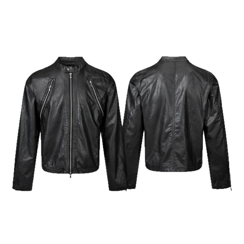 Herren Vintage-inspirierte Bikerblouson-Lederjacke mit Stehkragen und Zweiwege-Reißverschluss Echoarchiv