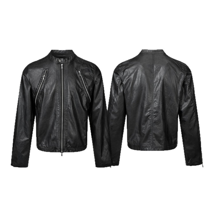 Herren Vintage-inspirierte Bikerblouson-Lederjacke mit Stehkragen und Zweiwege-Reißverschluss Echoarchiv