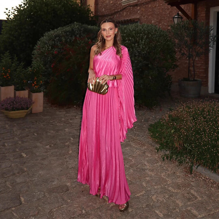 Damen Ein-Schulter Plissee-Maxikleid mit drapiertem Oberteil und weitem Volantrock Echoarchiv