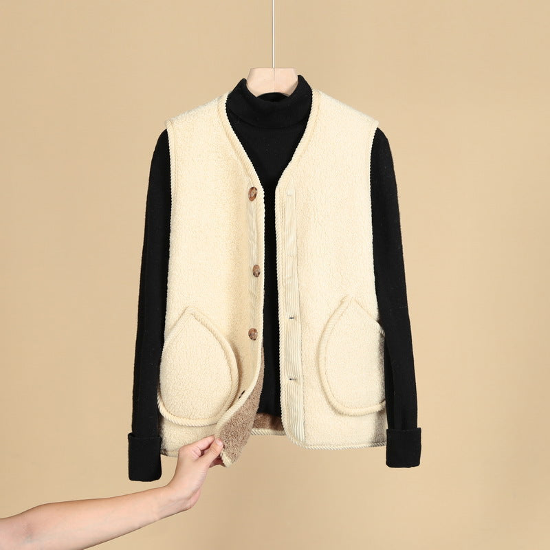 Damen Ärmellose Thermofleece-Weste mit Knopfleiste und Rundtaschen – Avérine