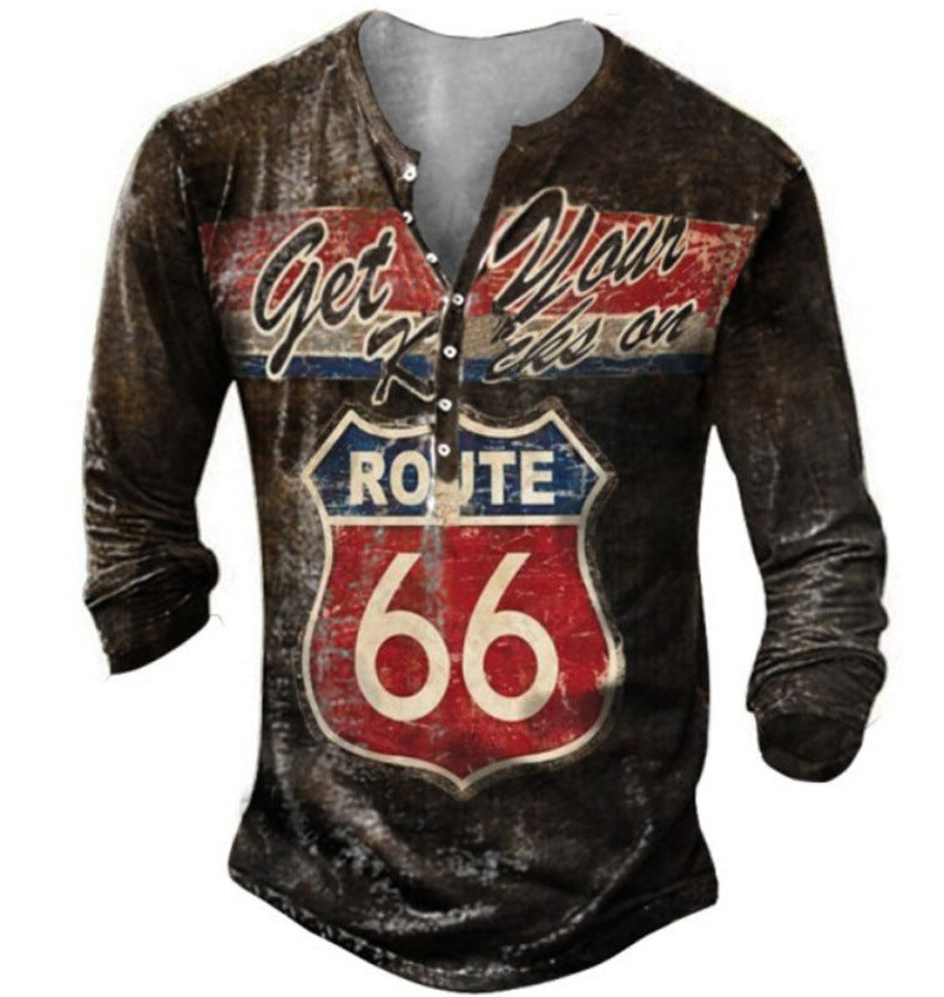 Herren Langarm-Henley-Shirt mit kreativem Vintage-route-66 Druck und hochwertigem Baumwollmix Echoarchiv