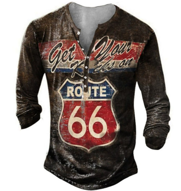 Herren Langarm-Henley-Shirt mit kreativem Vintage-route-66 Druck und hochwertigem Baumwollmix Echoarchiv
