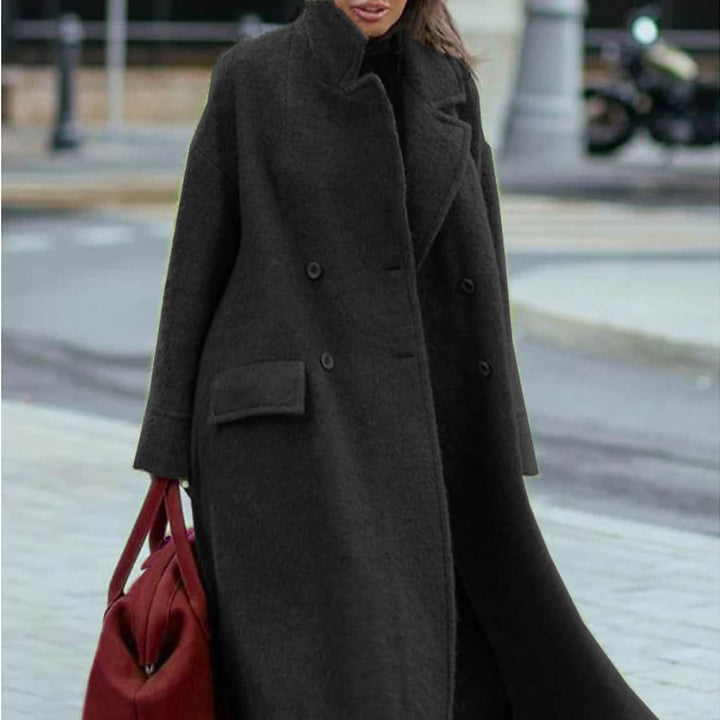 Damen nan Cape-ähnlicher doppelreihiger Wollmantel mit weitem Fall, hohem Stehkragen und Pattentaschen Echo Archiv