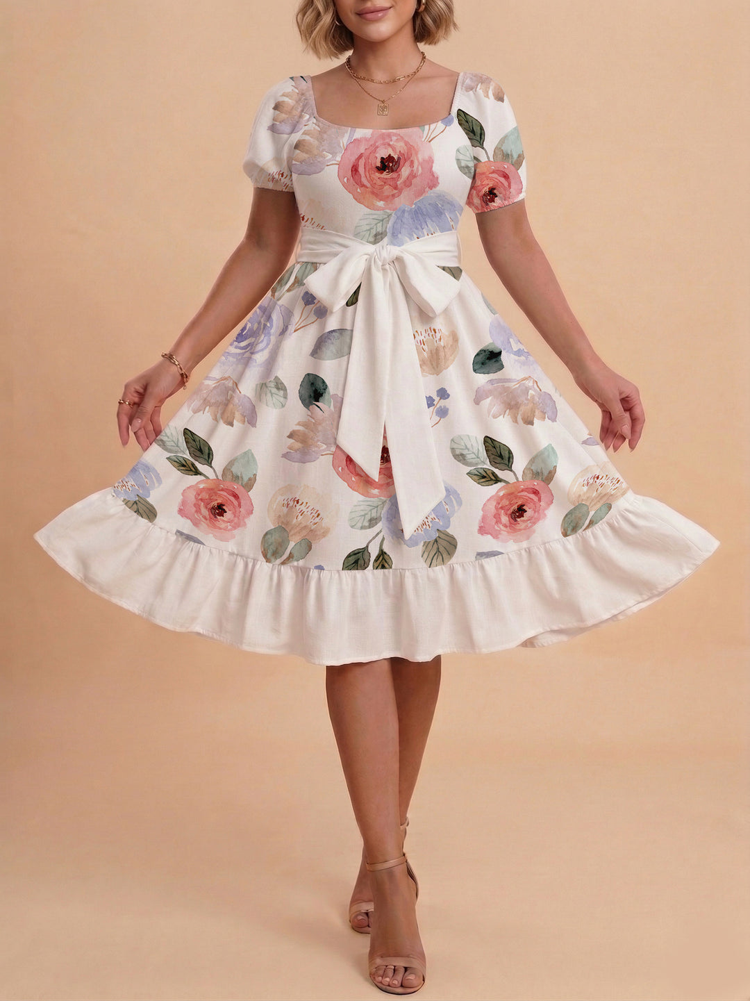 Damen Sommerliches Blumenkleid mit taillierbarem Gürtel und voluminösen Ärmeln Echo Archiv