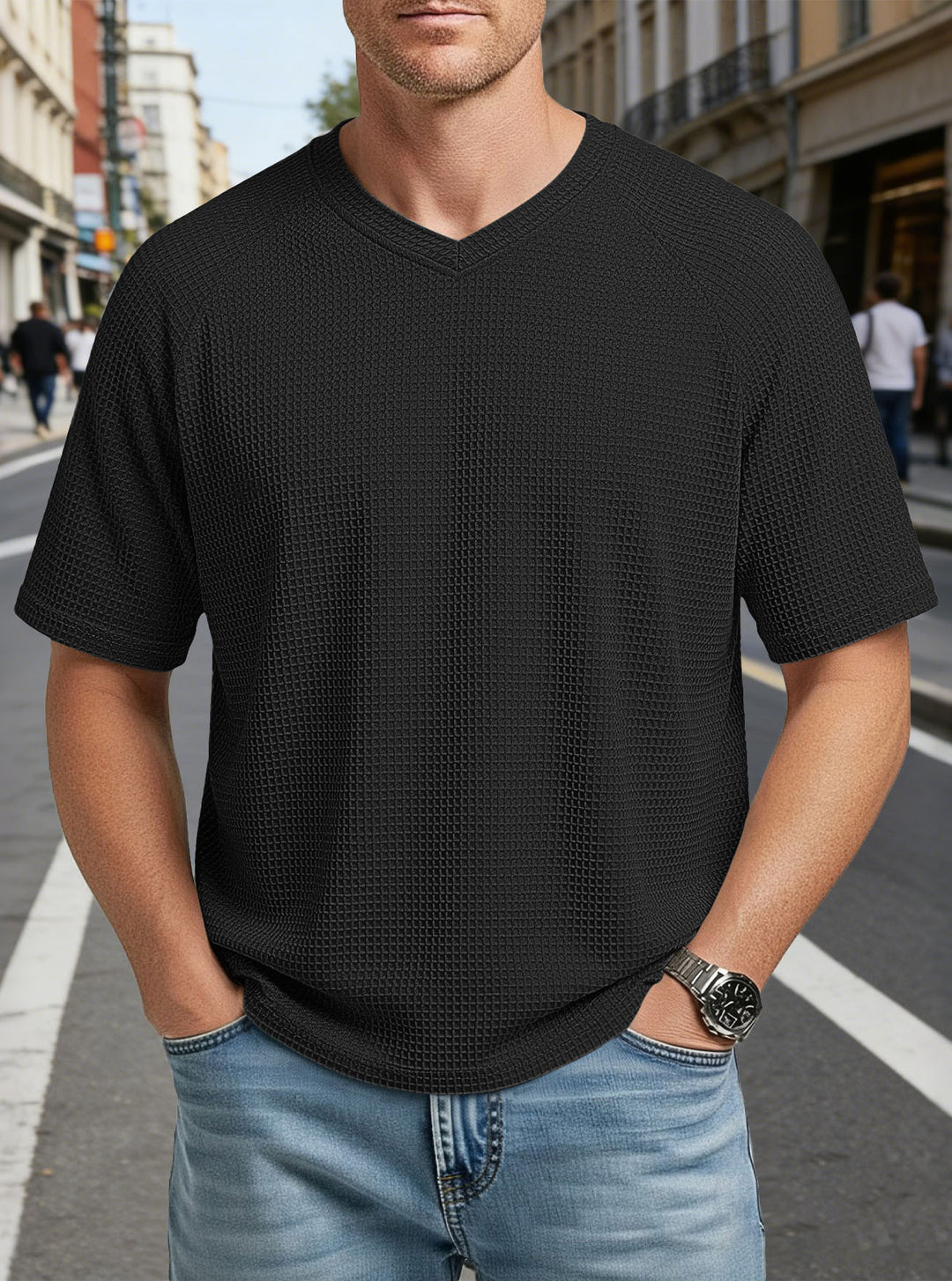 Herren nan lässiges V-Ausschnitt Waffelstrick-T-Shirt aus atmungsaktivem Baumwollmix Echo Archiv