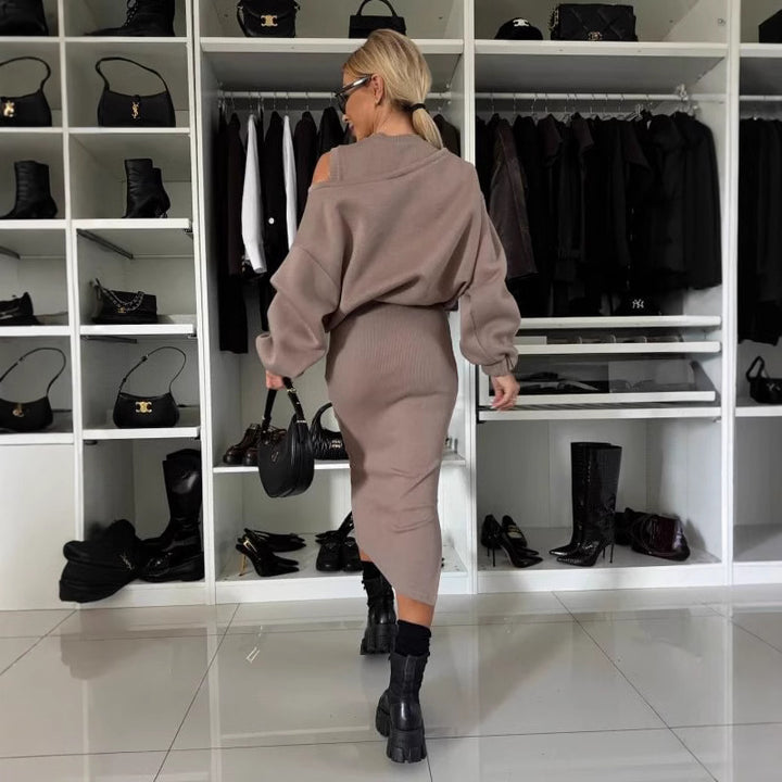 Damen Bequemes Sweatset mit Ein-Schulter-Ausschnitt und Taillierter Midi-Rock Echoarchiv