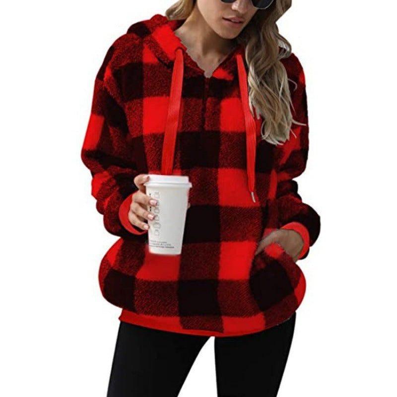 Damen Oversized Sherpa-Hoodie im Karomuster mit halbem Reißverschluss und Kängurutasche Echo Archiv