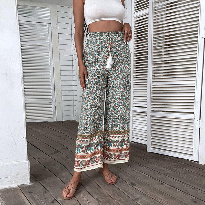 Damen Leichte Boho-Hose mit weitem Bein, elastischem Bund, Quasten-Kordel und Bordürendruck – Avélisse