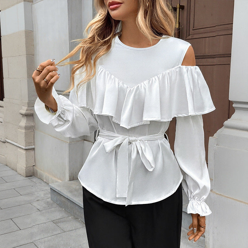 Damen Elegant-Volant-Bluse mit Cut-Out-Schulter und Bindegürtel Echoarchiv