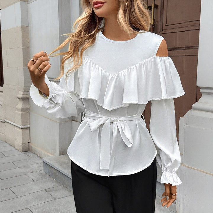 Damen Elegant-Volant-Bluse mit Cut-Out-Schulter und Bindegürtel Echoarchiv