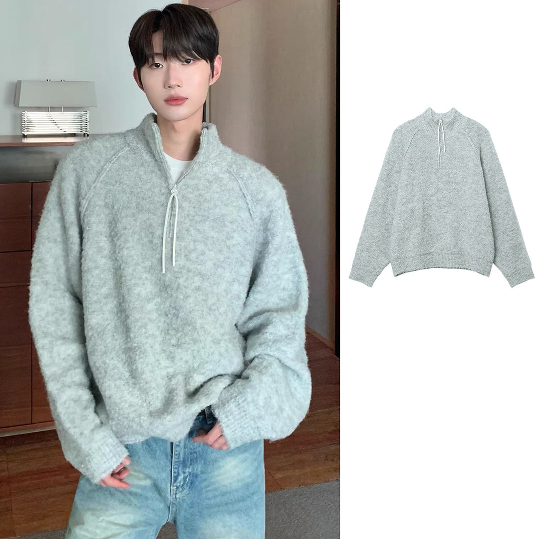 Herren Bequemer Grobstrickpullover mit halbem Reißverschluss Echoarchiv