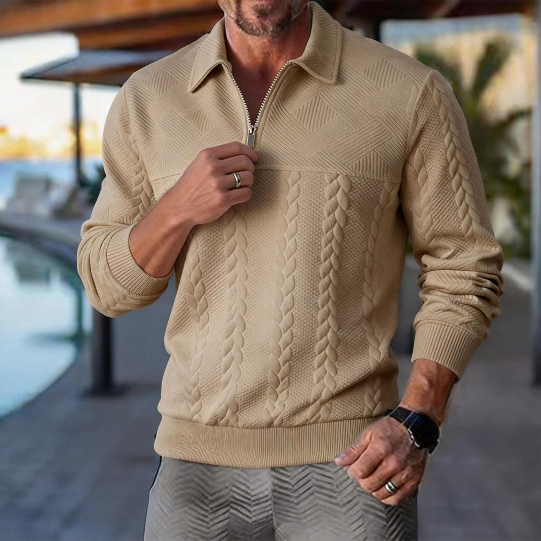 Herren strukturierter Halbzip-Pullover mit Troyerkragen, Zopfmuster und fein gerippten Bündchen – Norvane