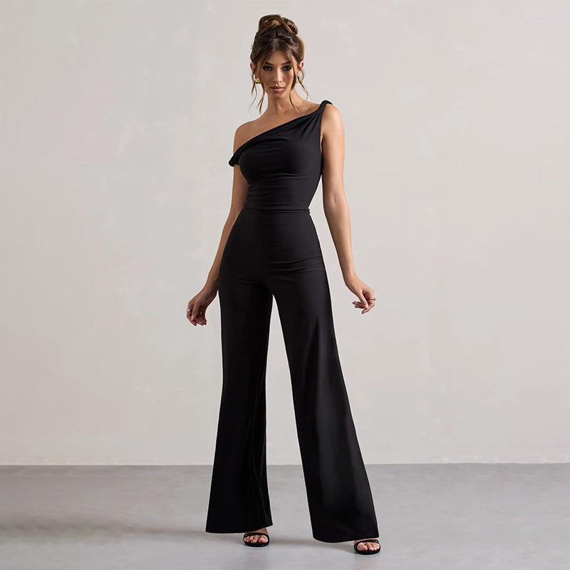 Damen schulterfreier Jumpsuit mit weitem Bein und elastischem Oberteil Echo Archiv