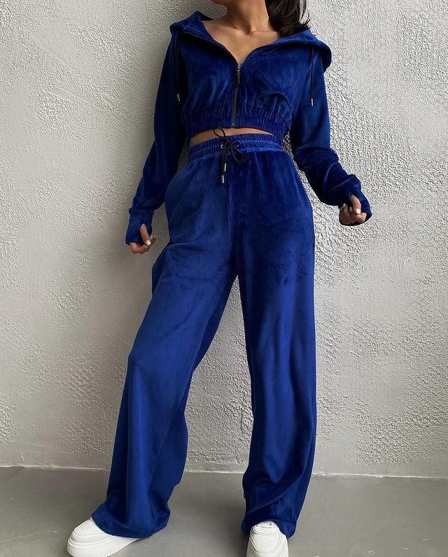 Damen Samt-Loungewear-Set mit Cropped Zip-Kapuzenjacke und weiter Palazzohose – Élanora