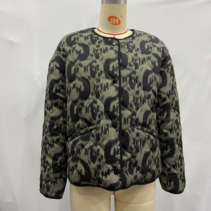 Damen gesteppte Ikat-Print Steppjacke mit Rundhalsausschnitt, kontrastpaspel und aufgesetzten Taschen – Célinea