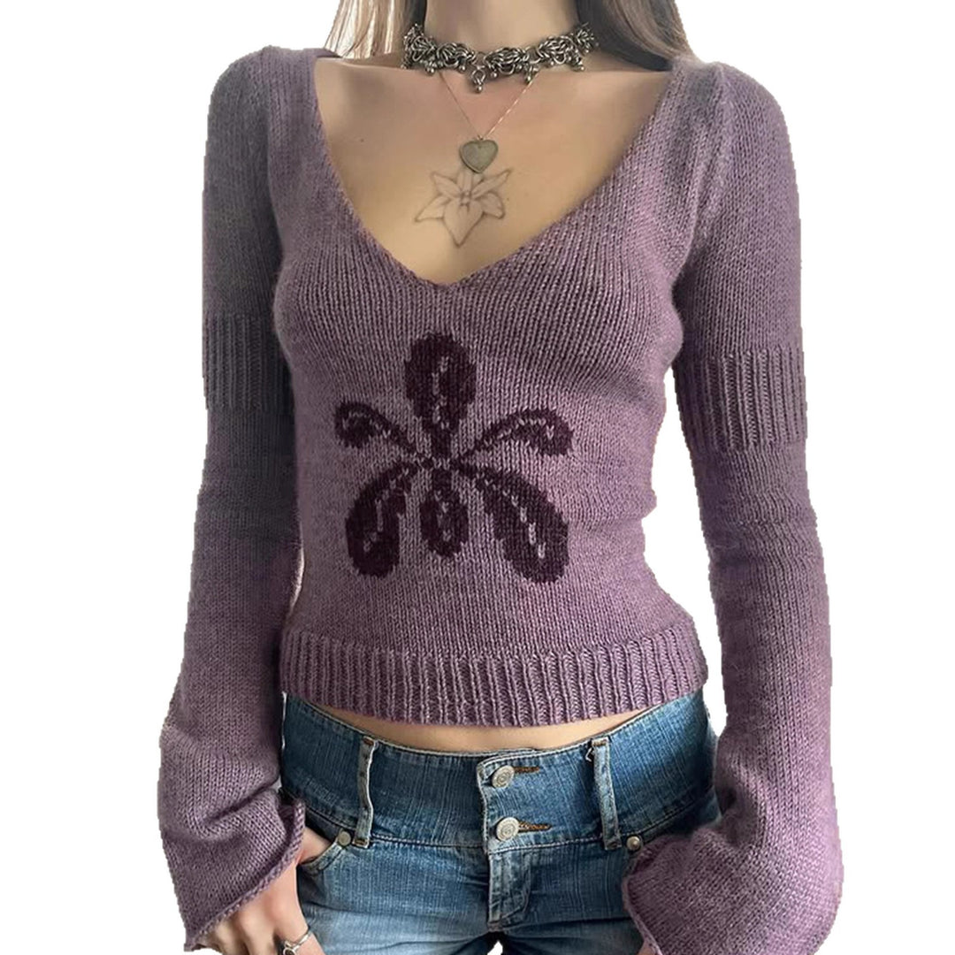 Damen nan kurzes Feinstrick V‑Pullover mit floralem Intarsienmotiv und ausgestellten Trompetenärmeln Echo Archiv