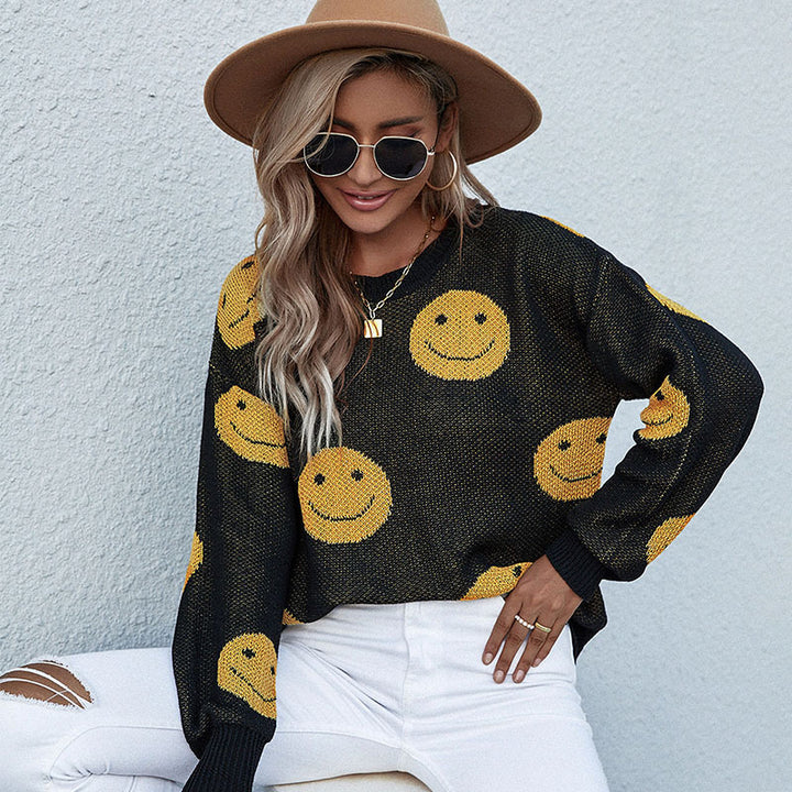 Damen lässiger Strickpullover mit Smiley‑Jacquard und Rundhalsausschnitt Echoarchiv