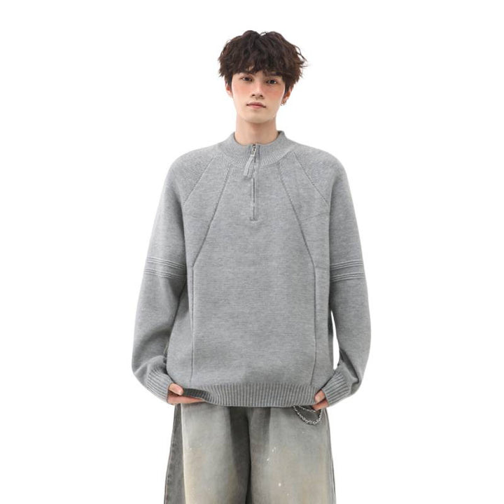 Herren Strick-Halbzip-Pullover mit Stehkragen und strukturierten Rippdetails Echoarchiv
