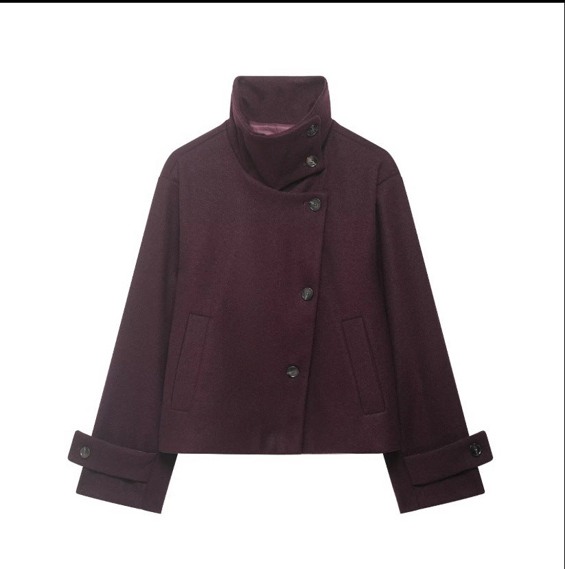 Damen Cropped Wollmix-Kurzjacke mit hohem Stehkragen, asymmetrischer Knopfleiste und Krempelmanschetten Echoarchiv
