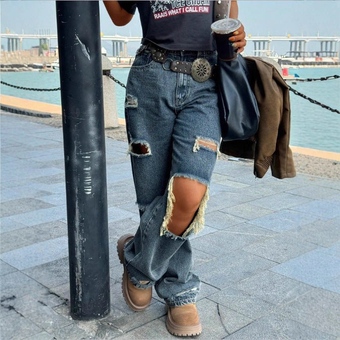 Damen Weite Vintage-Ripped-Jeans mit hoher Taille, großflächigen Knierissen und relaxed Straight-Leg Echo Archiv