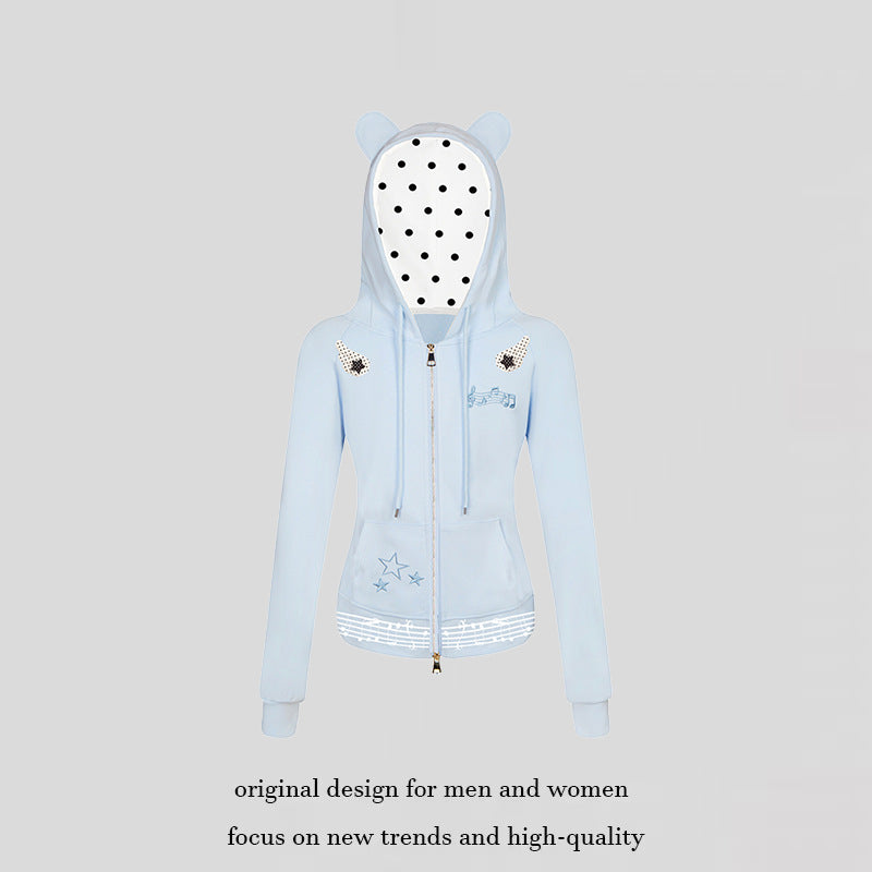 Damen Kapuzen-Sweatjacke mit Bärenohren, Reißverschluss, musikalischem Print und Polka-Lining Echoarchiv