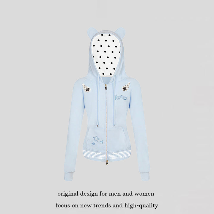 Damen Kapuzen-Sweatjacke mit Bärenohren, Reißverschluss, musikalischem Print und Polka-Lining Echoarchiv