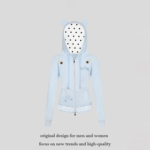 Damen Kapuzen-Sweatjacke mit Bärenohren, Reißverschluss, musikalischem Print und Polka-Lining Echoarchiv