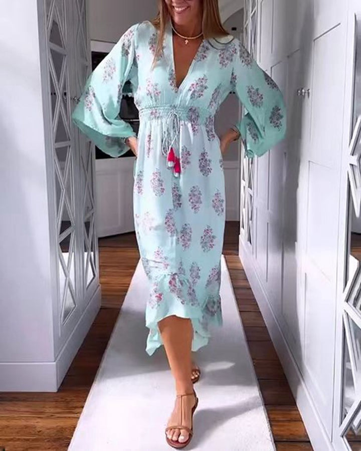 Damen nan luftig-fließendes Boho-Midikleid mit V-Ausschnitt, geraffter Smock-Taille, Kordelzug mit Quasten und asymmetrischem Volant-Saum Echo Archiv