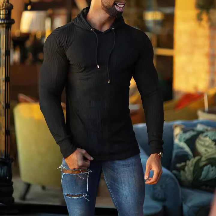 Herren eng anliegendes Rippstrick-Kapuzenlongsleeve mit Slim-Fit und Elastikanteil – Cavarno
