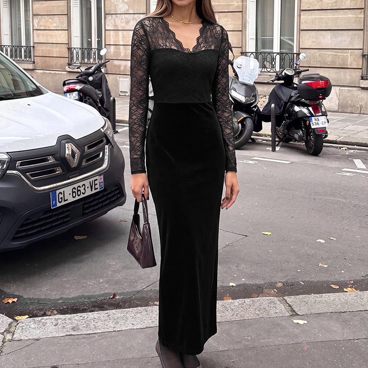 Damen Elegantes Langarm Maxikleid aus Samt und Spitze Echo Archiv