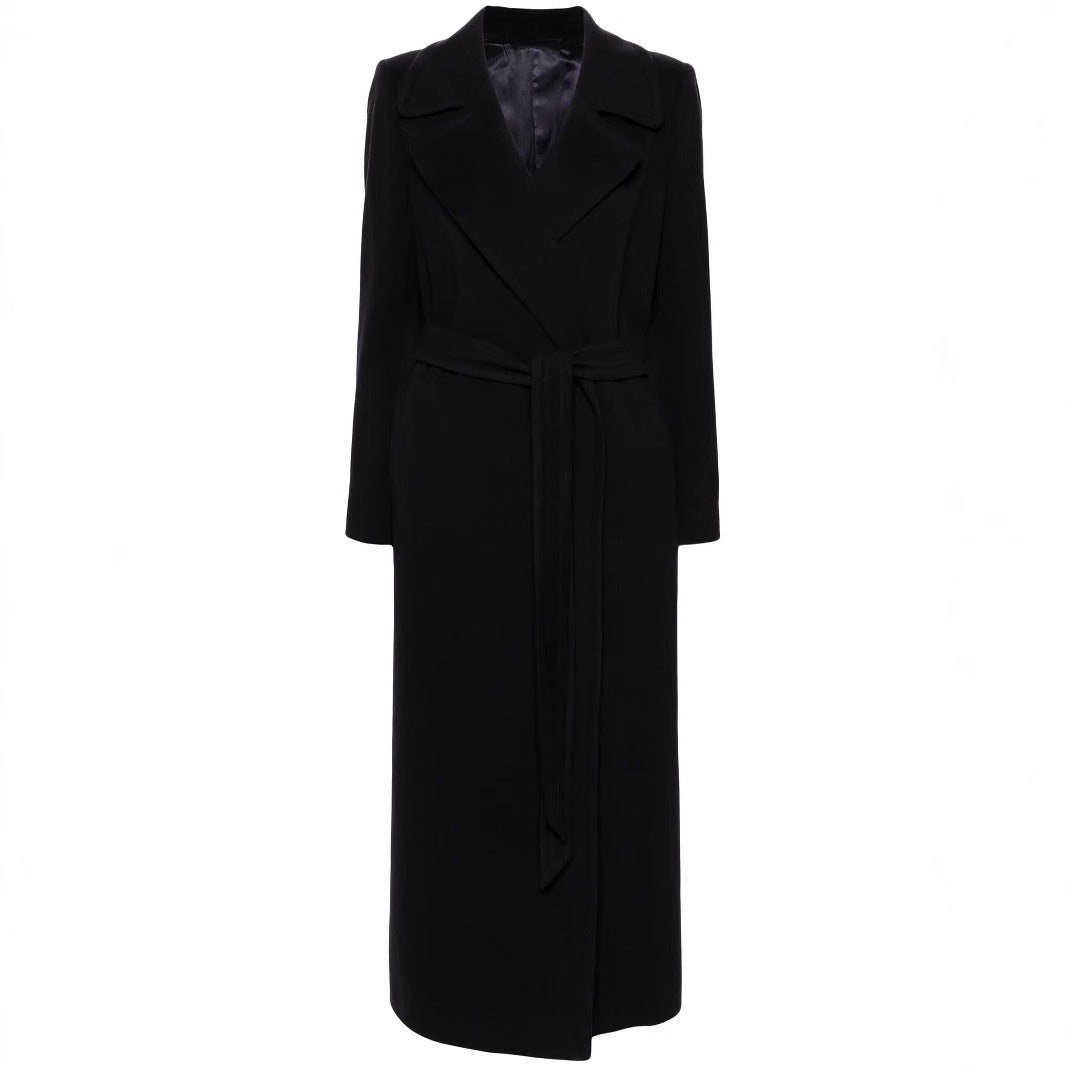 Damen Langer Wickelcoat aus Wollmix mit Bindegürtel und breitem Revers Echoarchiv